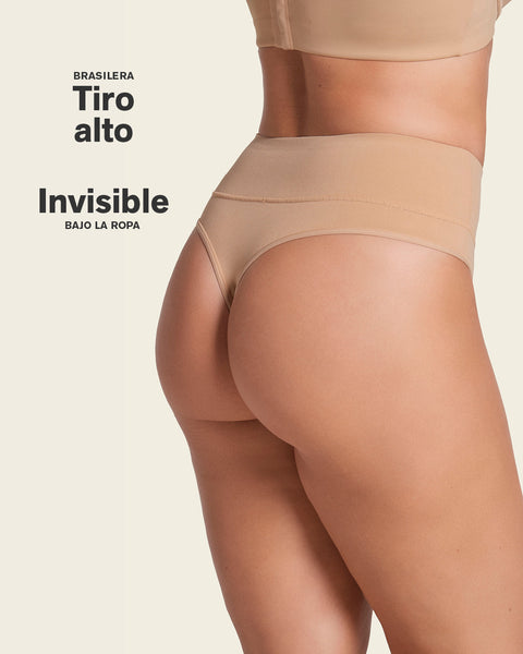 High-waisted seamless moderate shaper thong panty#color_802-golden-beige