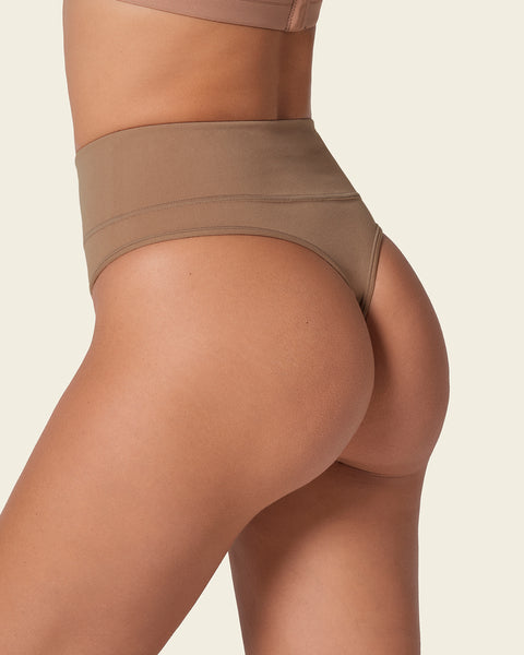 High-waisted seamless moderate shaper thong panty#color_857-brown
