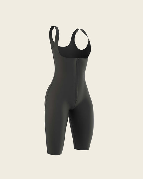 Post-surgical short girdle with outward facing seams, front hook-and-eye closure#color_700-black