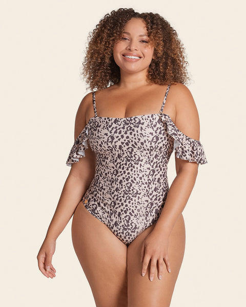 Eco friendly slimming swimsuit with tie back and ruffle details#color_806-cheetah-print