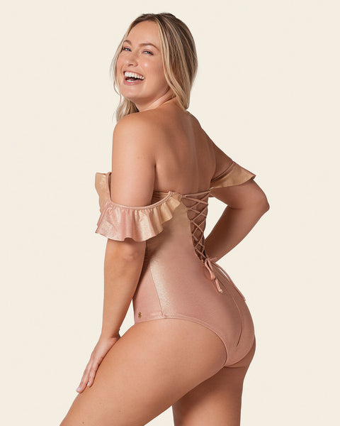Ruffle Sleeve Shiny One-Piece Slimming Swimsuit