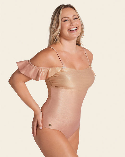 Ruffle Sleeve Shiny One-Piece Slimming Swimsuit#color_127-iridescent-gold