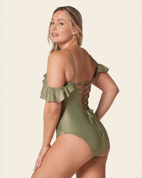 Ruffle Sleeve Shiny One-Piece Slimming Swimsuit#color_629-iridescent-green