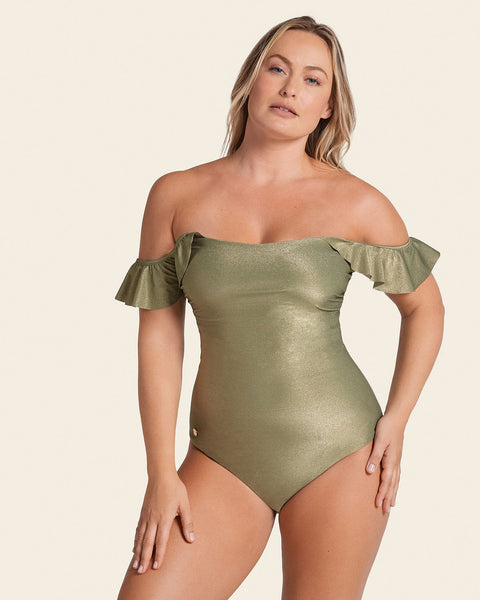 Ruffle Sleeve Shiny One-Piece Slimming Swimsuit#color_629-iridescent-green