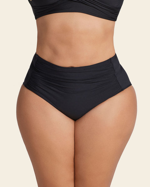 High-Waisted Slimming Bikini Bottom with Overlaid Fabric#color_700-black