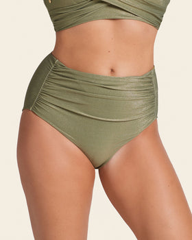 High-Waisted Slimming Bikini Bottom with Fabric Overlay#color_629-iridescent-green