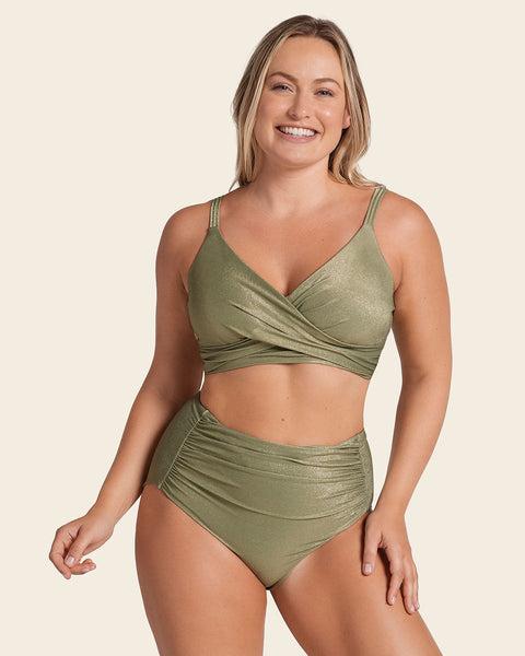High-Waisted Slimming Bikini Bottom with Fabric Overlay#color_629-iridescent-green