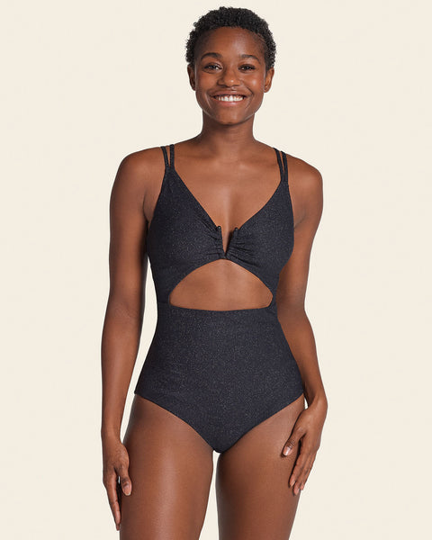 One-Piece Shiny Slimming Swimsuit with Daring Cutouts