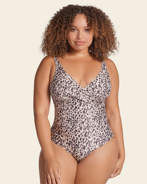 Eco friendly slimming swimsuit with plunge back and draped neckline#color_806-cheetah-print