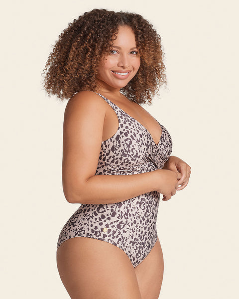 Eco friendly slimming swimsuit with plunge back and draped neckline#color_806-cheetah-print