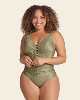 One-Piece Shaper Swimsuit with Two-Way Belt#color_629-iridescent-green