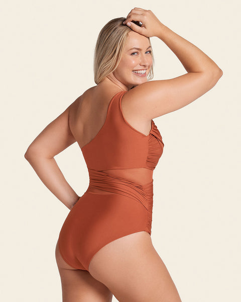 Asymmetrical Slimming Compression One Piece Swimsuit#color_239-terracotta