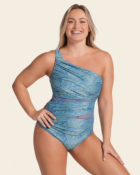 One-Shoulder Shaping Swimsuit with Mesh Details and Fabric Overlay