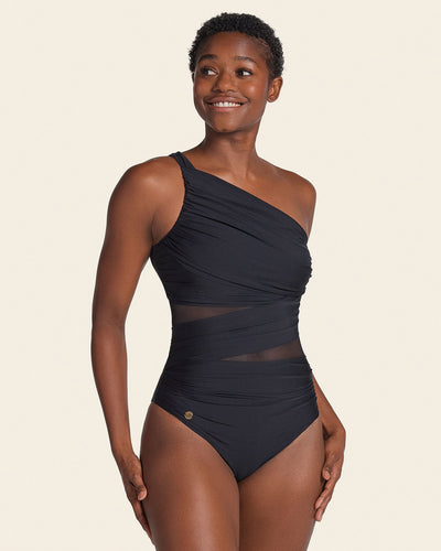Asymmetrical slimming compression one piece swimsuit#color_700-black