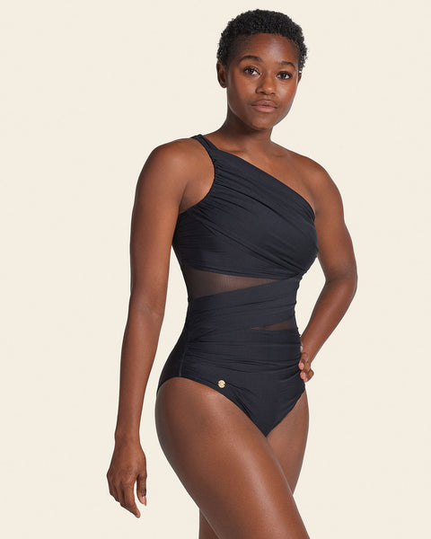 Asymmetrical slimming compression one piece swimsuit#color_700-black