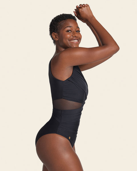 Asymmetrical slimming compression one piece swimsuit#color_700-black