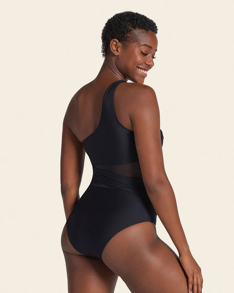 Asymmetrical slimming compression one piece swimsuit#color_700-black