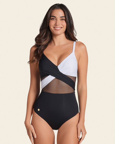 Eco friendly recycled nylon one piece with slimming compression#color_701-black-white