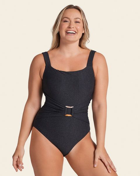 One-Piece Belted Sculpting Swimsuit made of Shiny Fabric