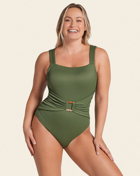 Slimming one piece swimsuit with belt detail#color_610-green