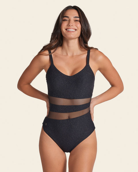 One-Piece Slimming Swimsuit in Shiny Fabric with Sheer Cutouts#color_700-shiny-black