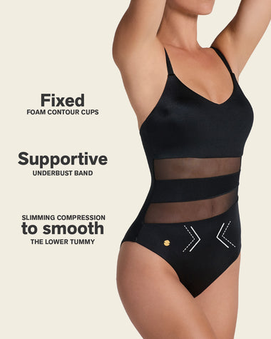 One-Piece Slimming Swimsuit with Mesh Stripes in Front#color_700-black