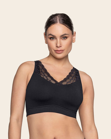 Mastectomy pocketed lace trim wireless bra#color_700-black
