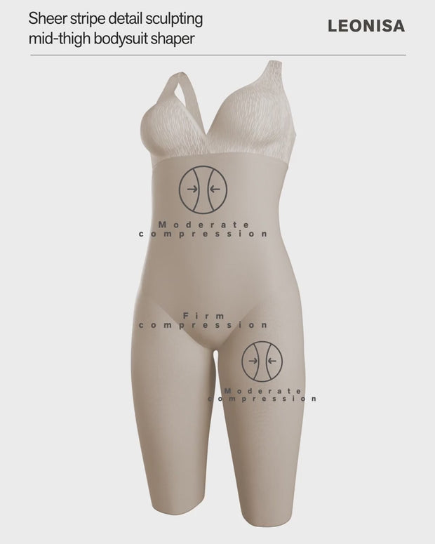 Sheer stripe detail sculpting mid-thigh bodysuit shaper#all_variants