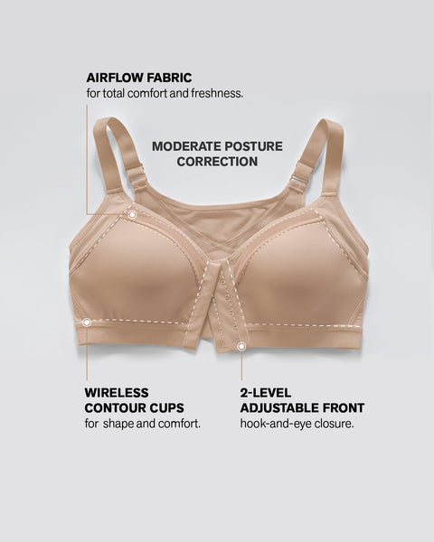  Womens Front Closure Posture Wireless Back Support Full  Coverage Bra Taupe Tan 38G