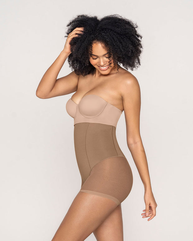 Firm compression high-waisted sheer short shaper#color_857-brown