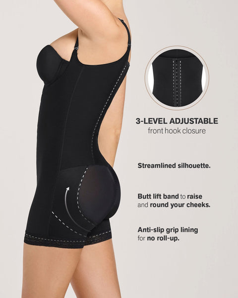 Firm compression boyshort body shaper with butt lifter (front hook-and-eye closure)#color_700-black