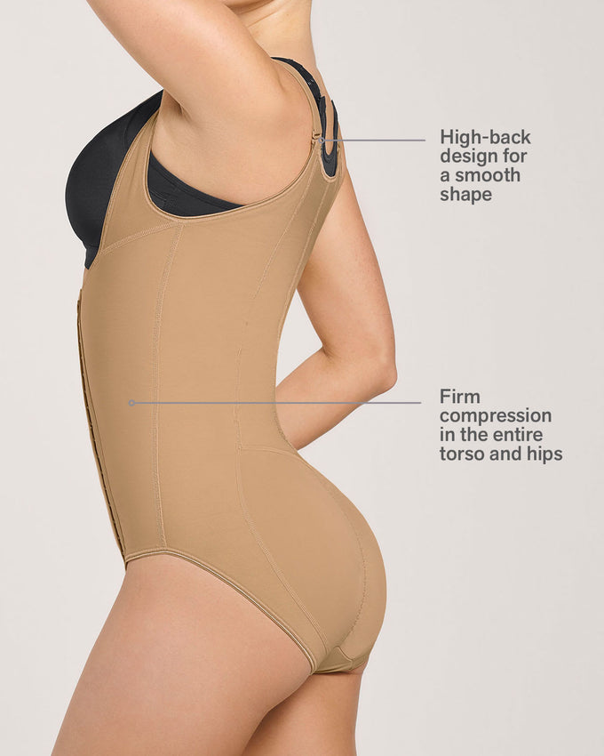 Stage 1 post-surgical brief bottom firm compression bodysuit with diagonal hook-and-eye closure#color_880-natural-tan