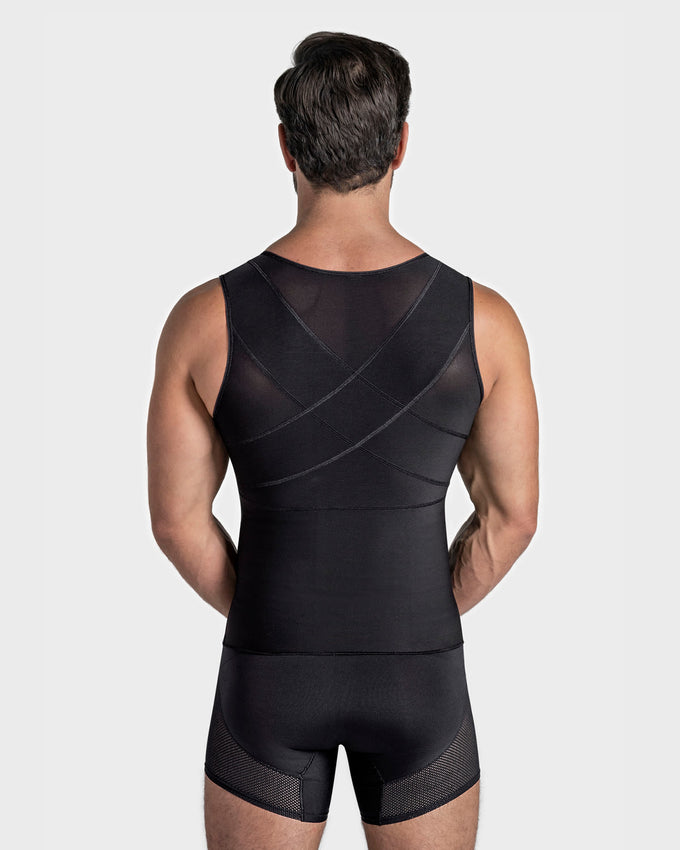 Men's firm shaper vest with back support  front hook closure#color_700-black