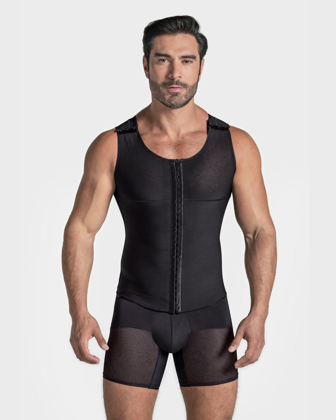 Men's firm shaper vest with back support  front hook closure#color_700-black