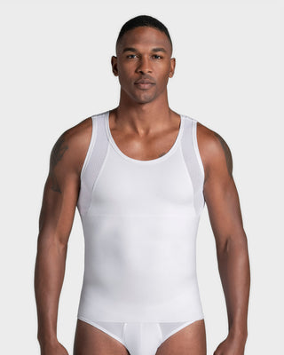 Stretch Cotton Moderate Compression Shaper Tank with Mesh Cutouts#color_000-white