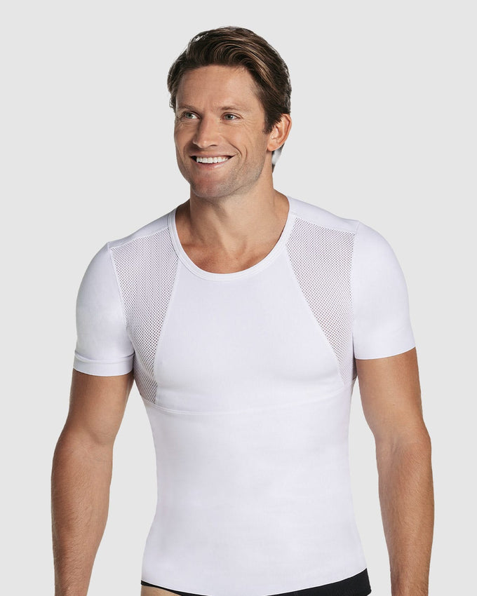 Stretch cotton moderate compression shaper shirt with mesh cutouts#color_000-white