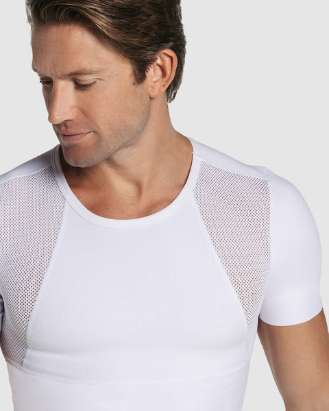 Stretch cotton moderate compression shaper shirt with mesh cutouts#color_000-white