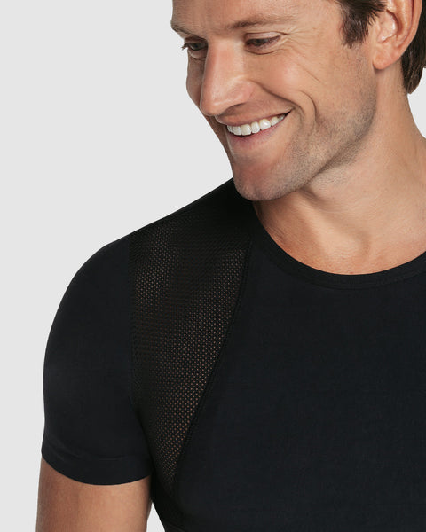 Stretch cotton moderate compression shaper shirt with mesh cutouts#color_700-black