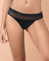 Eco-friendly thong panty with tulle details and ultra-flat waistband#color_700-black
