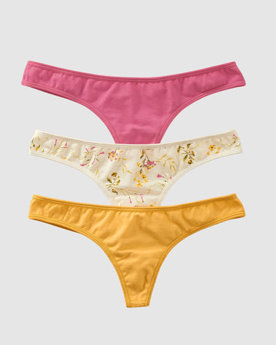 3-Pack stretch cotton low-rise thong panties#color_s34-botanical-print-pink-yellow