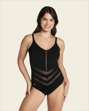 Geometric tulle one-piece light control swimsuit#color_700-black