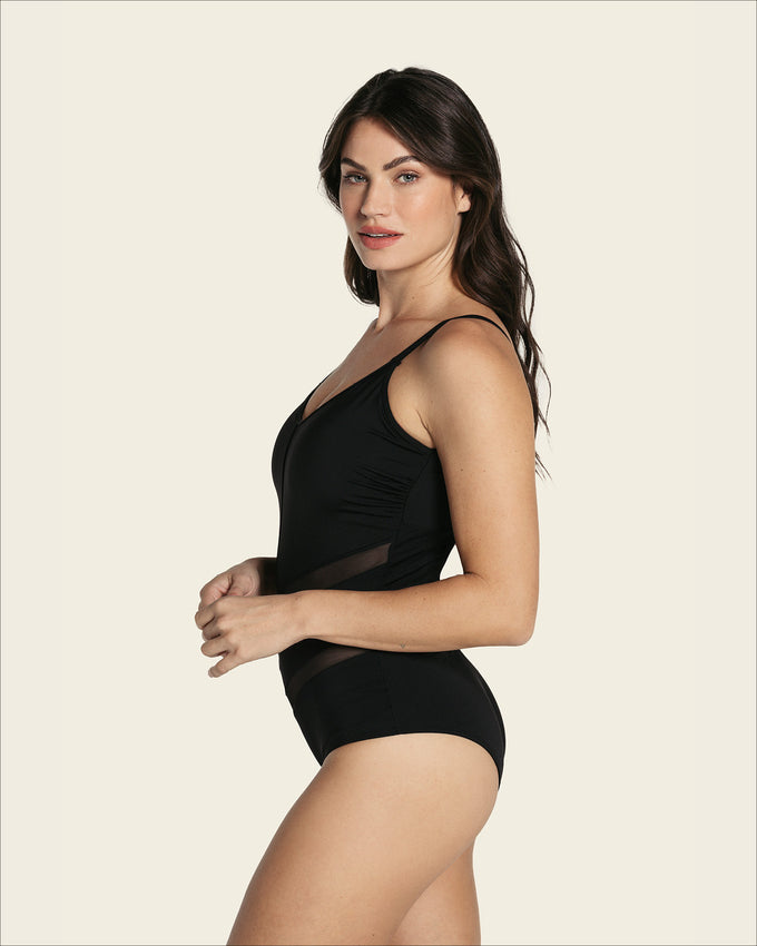 Geometric tulle one-piece light control swimsuit#color_700-black