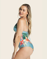 Eco friendly keyhole detail one piece swimsuit#color_518-blue-leaves-print