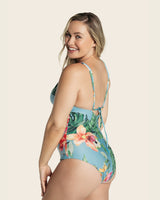 Eco friendly keyhole detail one piece swimsuit#color_518-blue-leaves-print