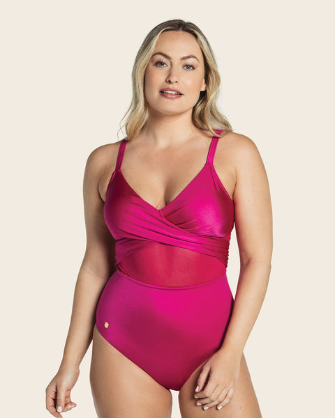 One piece swimsuit with criss cross neckline and tulle#color_944-fuchsia