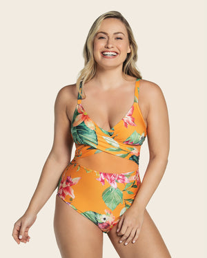 Eco friendly slimming swimsuit with sheer tulle design#color_204-orange-leaves-print