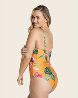 Eco friendly slimming swimsuit with sheer tulle design#color_204-orange-leaves-print