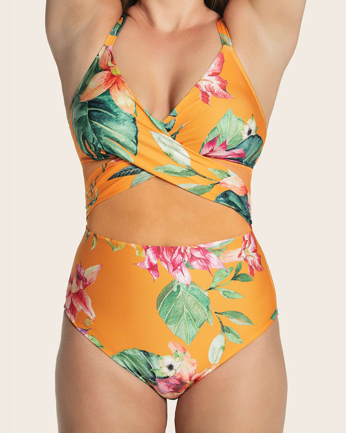 Eco friendly slimming swimsuit with sheer tulle design#color_204-orange-leaves-print