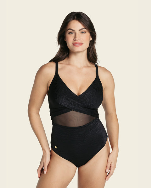 Slimming one piece swimsuit with tulle and draped details#color_700-black