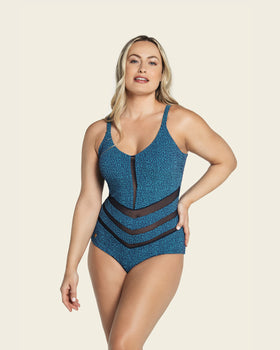 Textured slimming tulle cutout one-piece swimsuit#color_522-blue-animal-print